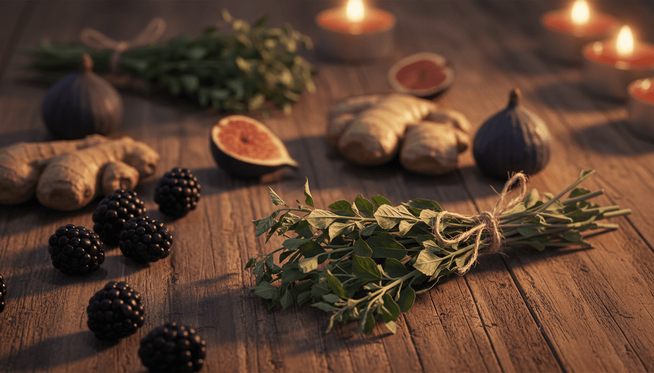 Ancestral herb ingredients including muña muña, ginger, figs, and blackberries arranged artfully on weathered wood