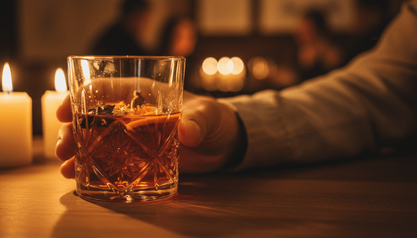 Hand holding a crystal glass of disiaco craft liqueur in warm candlelight