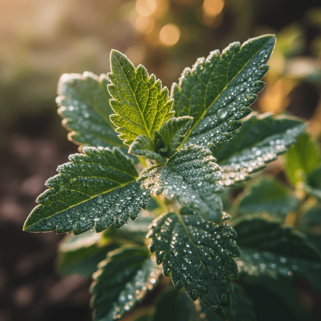 Fresh muña muña leaves with dew
