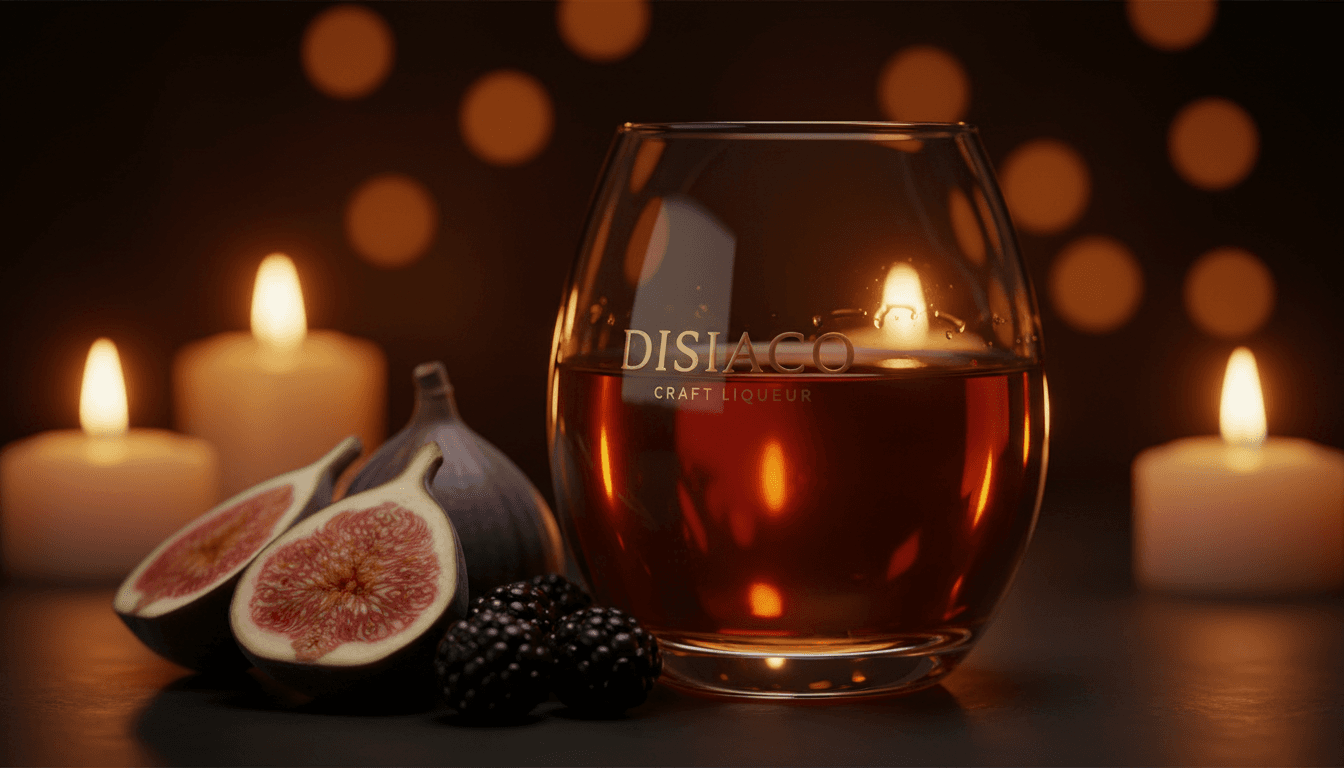 disiaco craft liqueur in an elegant glass with fresh figs and blackberries, candlelit with warm amber tones