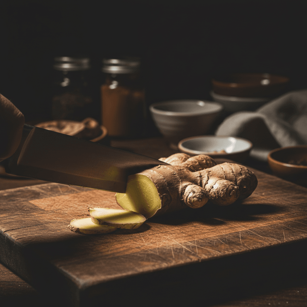 Fresh ginger root being prepared