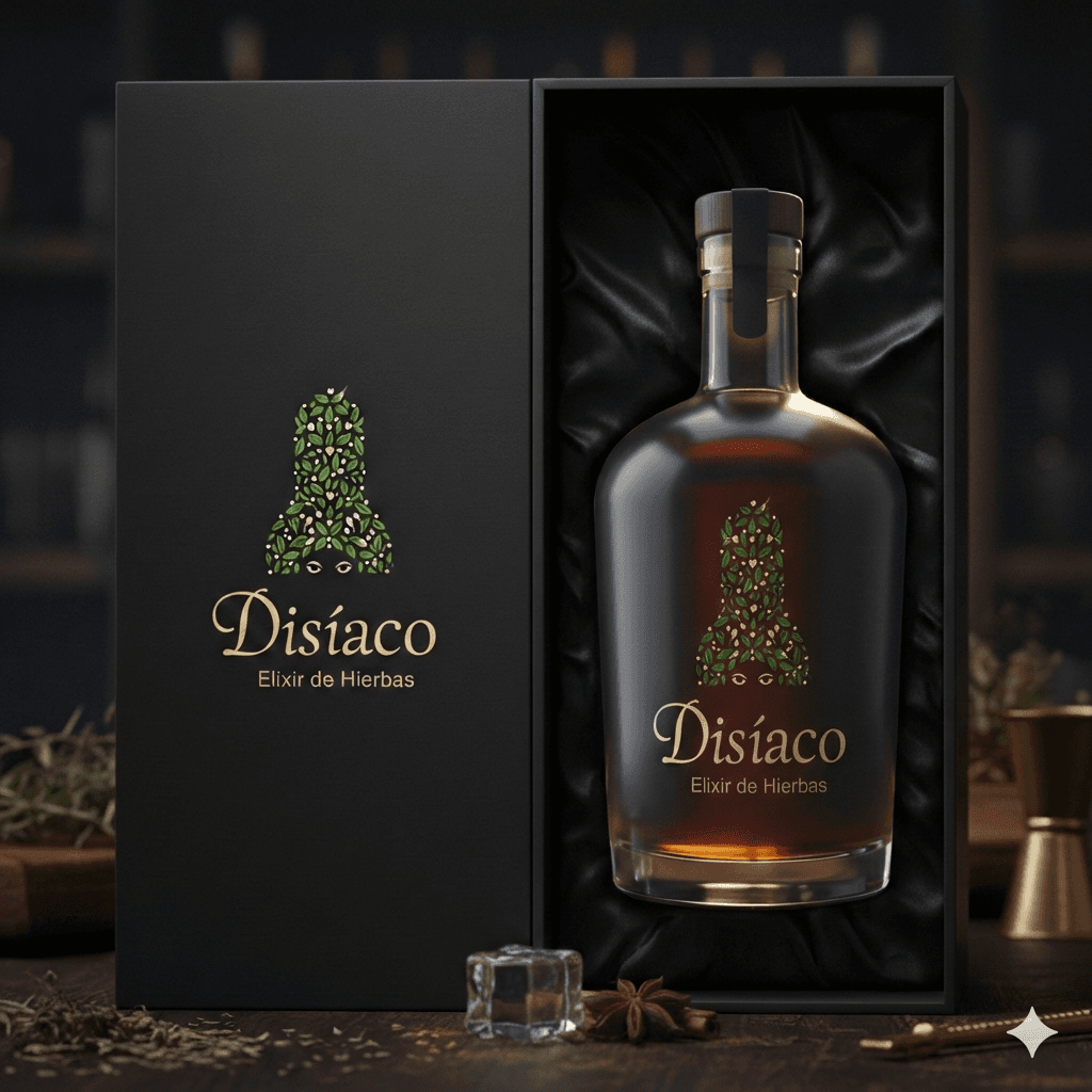 Disíaco herbal elixir bottle in a black satin-lined gift box with elegant gold branding.