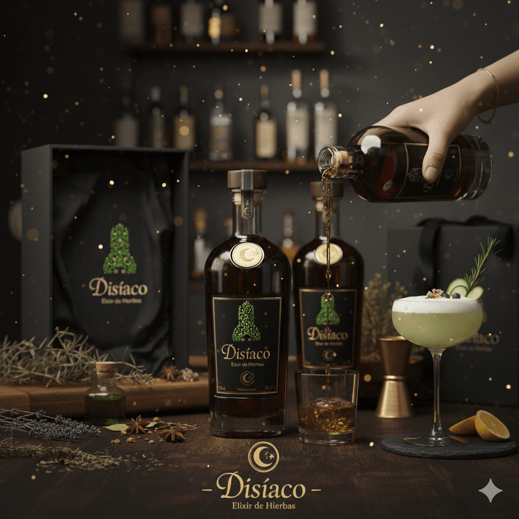 Hand pouring dark herbal liqueur into a glass beside a garnished cocktail and botanical ingredients.