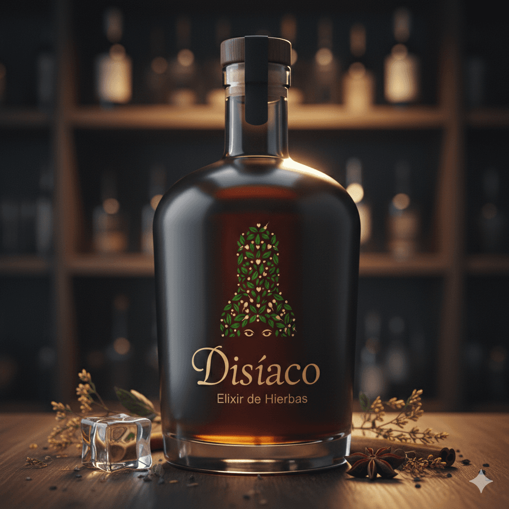 Amber bottle of Disíaco herbal liqueur with ice, star anise, and cinnamon on wood.